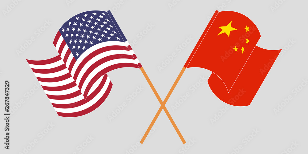 Crossed and waving flags of the USA and China