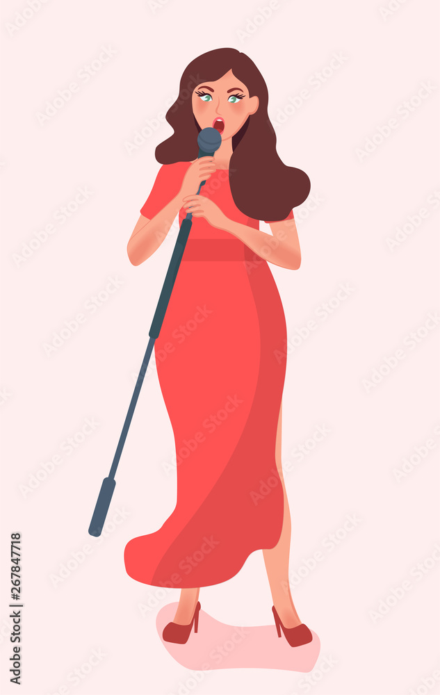 A young girl sings popular songs into the microphone on stage. Modern young singer. Vector illustration of people singing on stage A young girl sings popular songs into the microphone on stage. Modern young singer. Vector illustration of people singing on stage