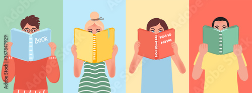Several people read books. They are cunning and peek into the book. Vector illustration of quality curiosity and interest in knowledge
