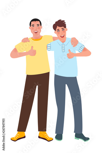 Young people of European and Asian appearance smile and hold your finger up. Vector illustration of a person's nationality