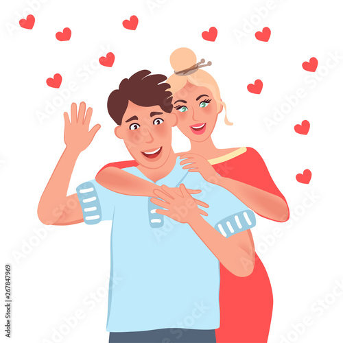 The girl and the boy in love are happy and satisfied. Romantic feeling. Vector illustration of people in relation