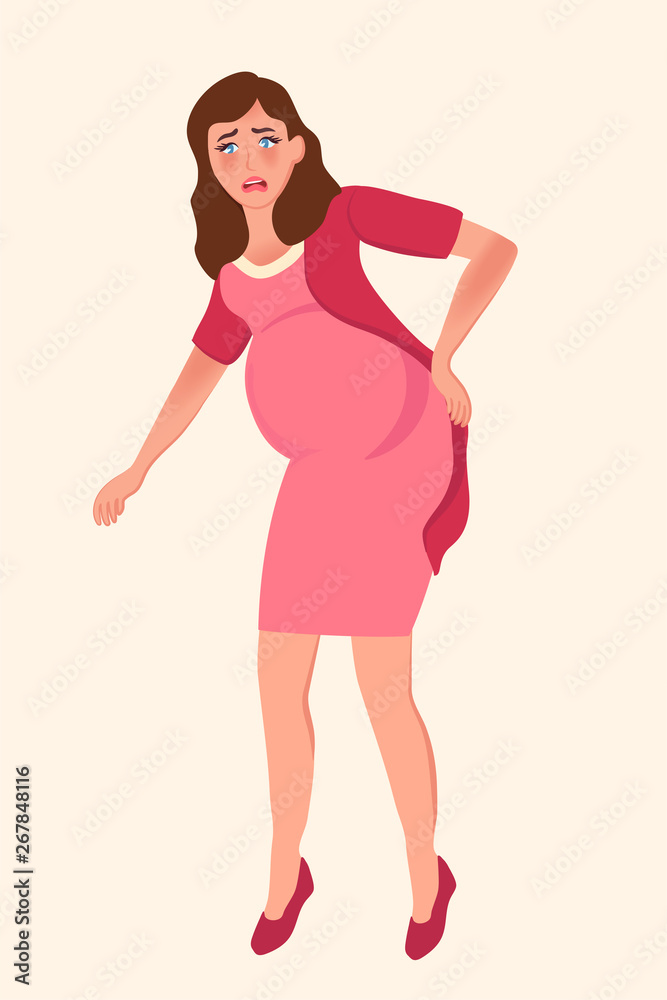 A pregnant woman feels back pain during pregnancy, discomfort in the lower back. Vector illustration of pregnancy symptoms A pregnant woman feels back pain during pregnancy, discomfort in the lower back. Vector illustration of pregnancy symptoms