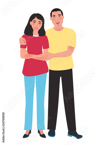 Happy Asian husband and wife hugging each other. Family relation. Vector illustration of people and emotions
