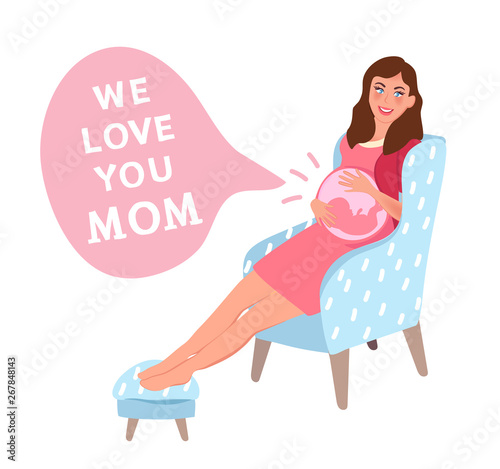 A pregnant woman with an embryo in her stomach. I love mom! mother's day or women's day slogan. Vector illustration of family relations