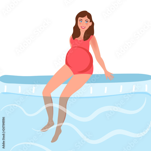 Pregnant girl in a swimsuit sitting by the pool. Sports and recreation during pregnancy. Vector illustration of healthy pregnancy