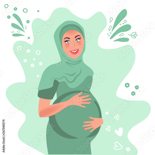 A pregnant Arab woman in a hijab holds her hand on her stomach. Vector illustration of a happy pregnancy