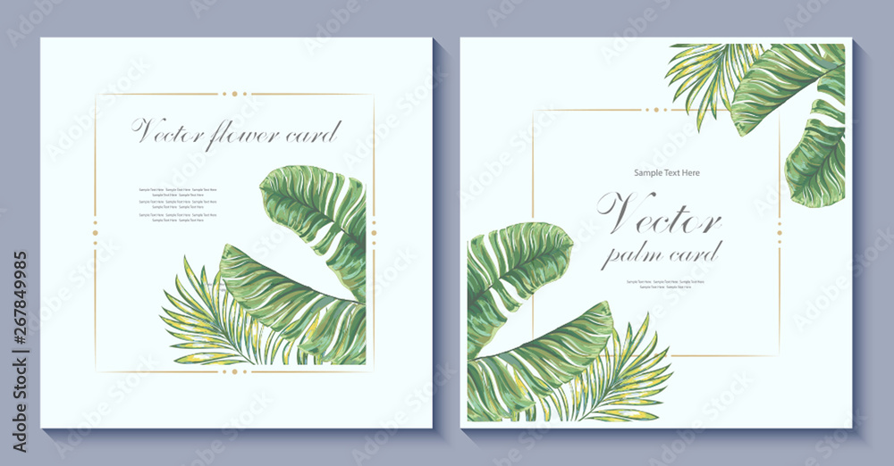 Palms. Vector card. Template. Thank you. Blank wedding invitation, greeting card, banner.  Decorative frame. Set.