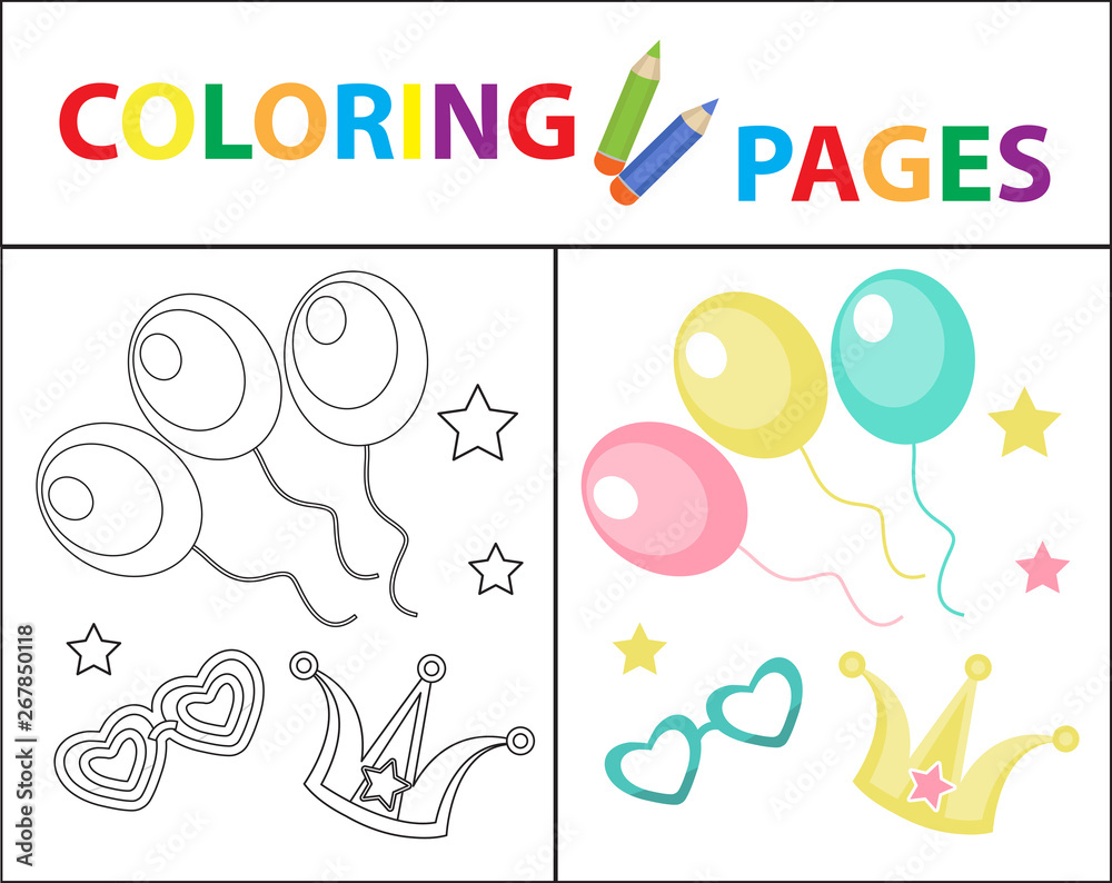 Coloring book page for kids. Birthday balloons, carnival set. Sketch outline and color version. Childrens education. Vector illustration.