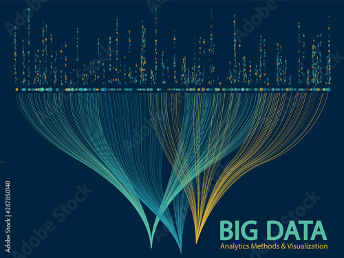 Big data statistical methods visualization concept vector design. 0 and 1 binary information data visualization. Big number of curve lines and dots structure for analysis.
