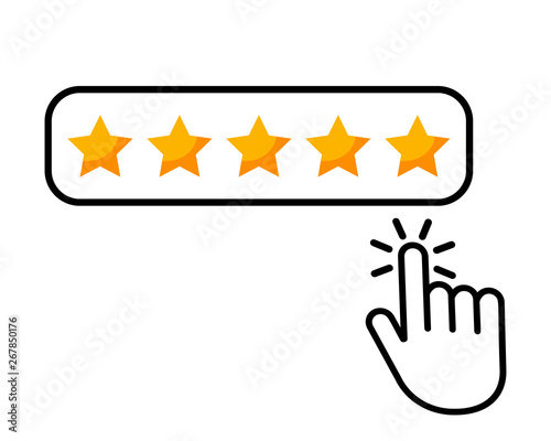 Click here hand icon button five stars consumer rating product review flat icon for applications and websites. vector illustration