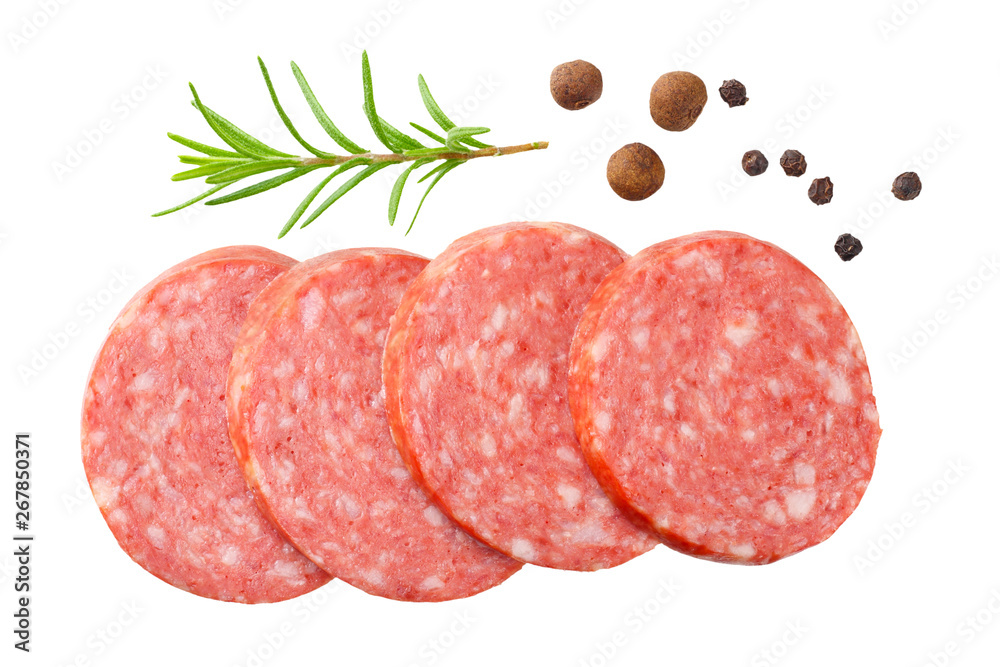 sliced sausage salami with rosemary and peppercorns isolated on white background. top view sliced sausage salami with rosemary and peppercorns isolated on white background. top view