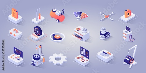 Fototapeta Naklejka Na Ścianę i Meble -  Car Repair Service Concept. Vector Isometric 3d Illustration. Icons Set of Tools, Instrument, Diagnostic Checkup Equipment, Tires, Gear, Steering Wheels, Oil or Gasoline Tank, Schedule Mode Signboard.