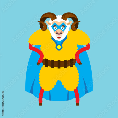 Ram superhero. Super Sheep in mask and raincoat. Strong Farm animal
