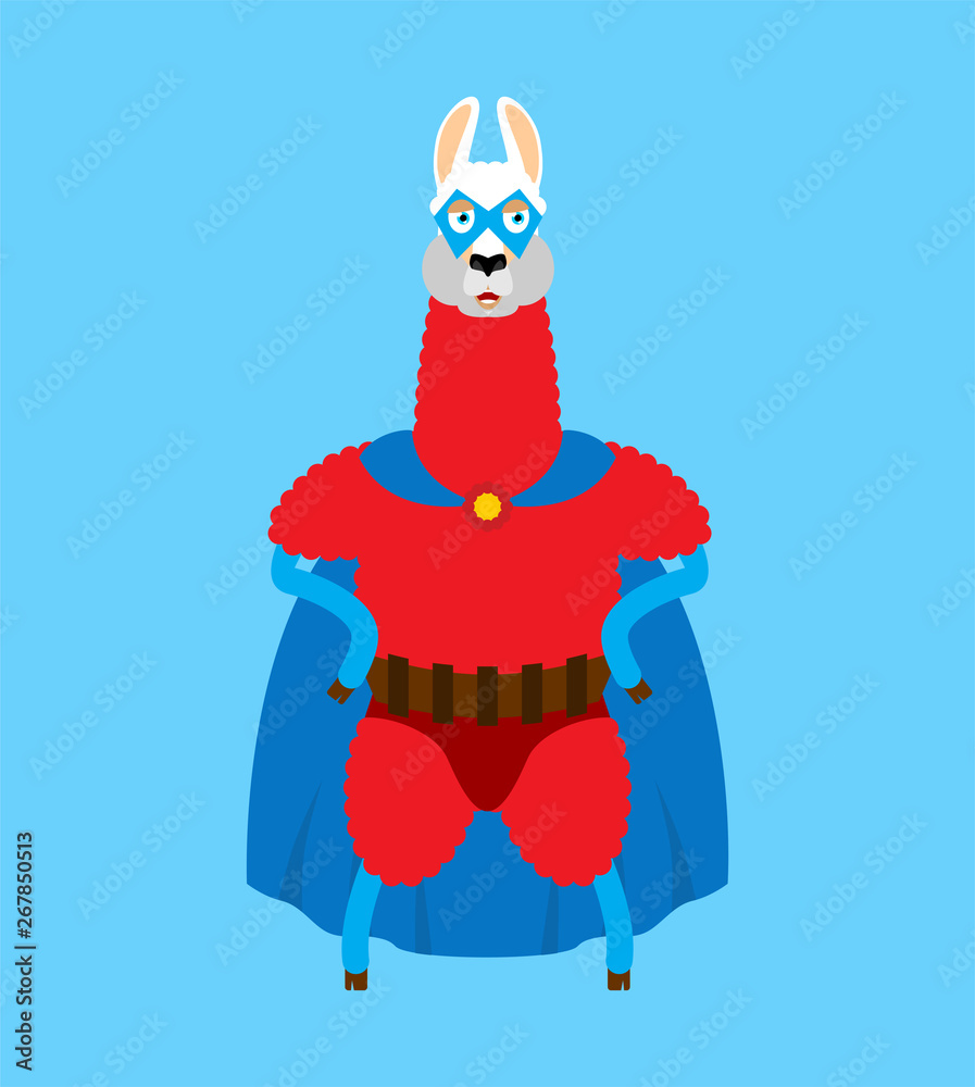 Lama Alpaca superhero. Super llama in mask and raincoat. Strong beast
