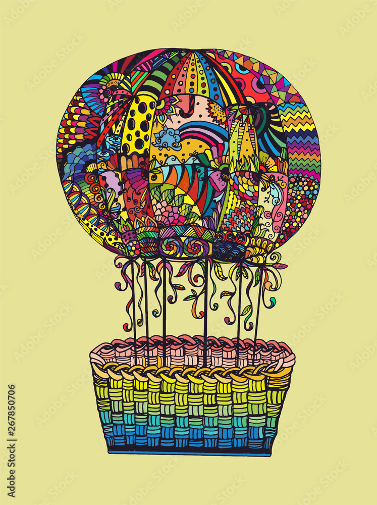 Vector hot air balloon in zentangle style. Coloring page book. Hand