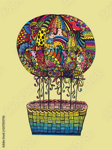 Vector hot air balloon in zentangle style. Coloring page book. Hand drawn hot air balloon