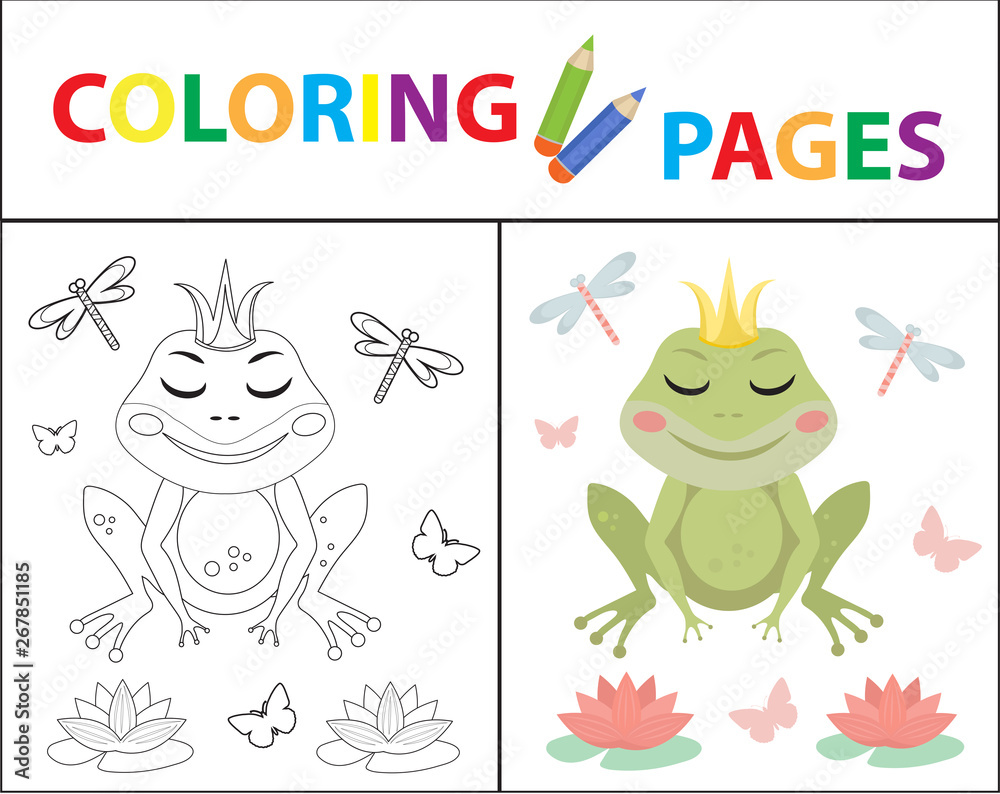 Fototapeta premium Coloring book page for kids. Frog princess Sketch outline and color version. Childrens education. Vector illustration.