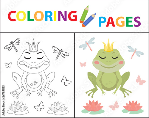 Coloring book page for kids. Frog princess Sketch outline and color version. Childrens education. Vector illustration.