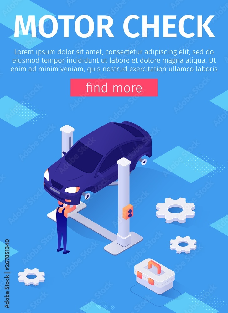 Media Poster Advertises Motor Check Car Service. Master Stands under Sedan  Raised by Twin Post Lifts. Mechanic Use Tools Troubleshooting and Working  to Repair Engine. Vector 3d Illustration Stock Vector | Adobe