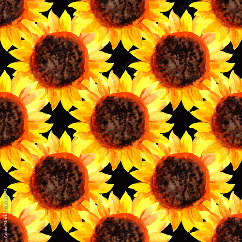 Watercolor seamless pattern with sunflowers in a row on a deep brown (black) background. Summer illustration. Harvest time.