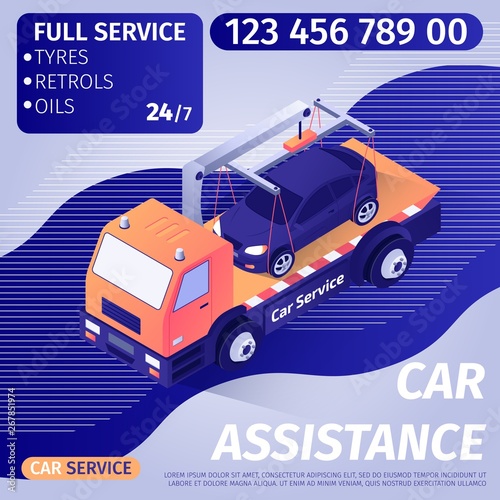 Car Assistance Advertisement Banner with Editable Text and Contact Information. Tow Truck Transports Crashed or Wrecked Car to Repair Service. Vector 3d Isometric Illustration with Gradient Design