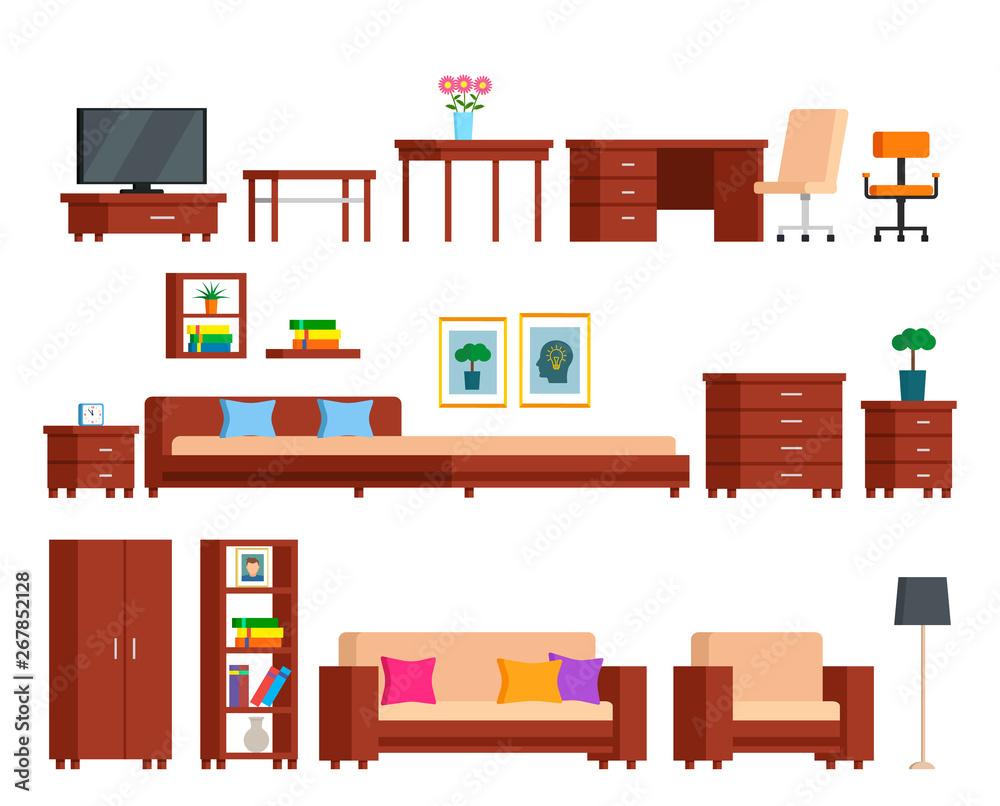 Large set of modular furniture from one collection. Bedroom, study, living room. flat vector isometric illustration isolated Large set of modular furniture from one collection. Bedroom, study, living room. flat vector isometric illustration isolated