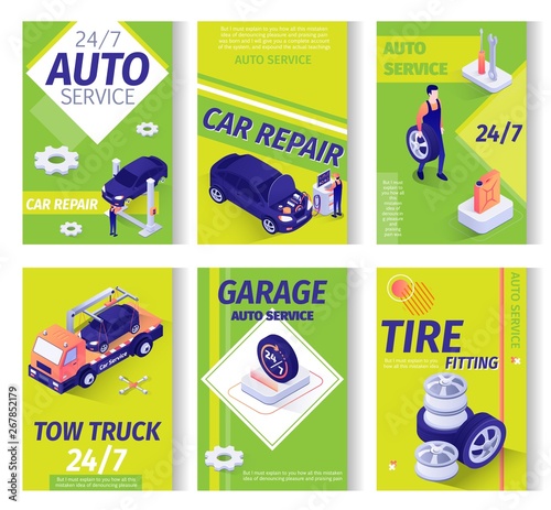 Car Service Advertisement Isometric Set. Repair Station, Maintenance Garage or Online Workshop Offers. Tow Truck Assistance, Tire Fitting, All-Day Auto Servicing. Working Staff. Vector 3d Illustration