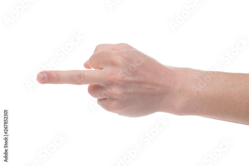 Male Right hand showing rough gesture Fuck you or Fuck off on White background.
