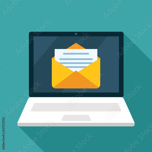 open work laptop with email icon, a letter arrived. flat vector illustration