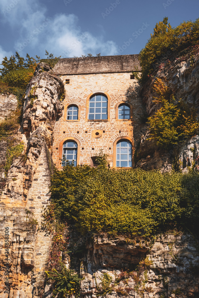 Old architecture between natural rocks in Luxembourg city old town