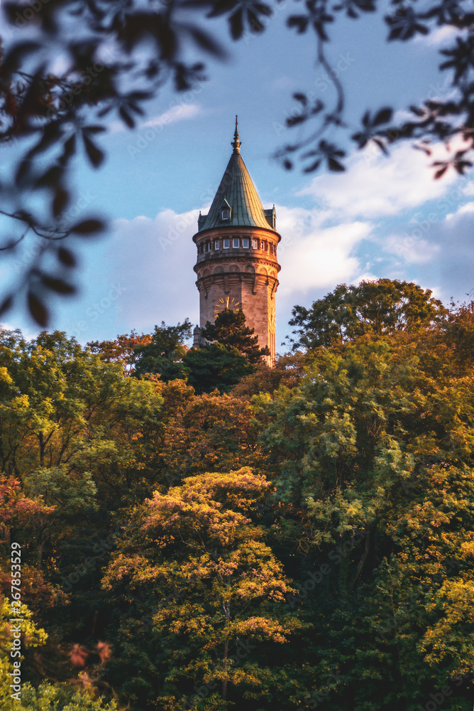 Tower of the Bank of Luxembourg surrounded by trees