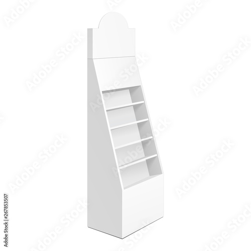 Cardboard Retail Shelves Floor Display Rack For Supermarket Blank Empty. Mock Up. 3D On White Background Isolated. Ready For Your Design. Product Advertising. Vector EPS10