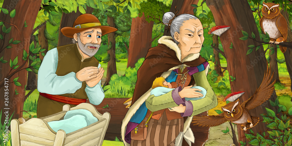cartoon scene with happy old woman witch sorceress and parents in the forest encountering pair of owls flying - illustration for children