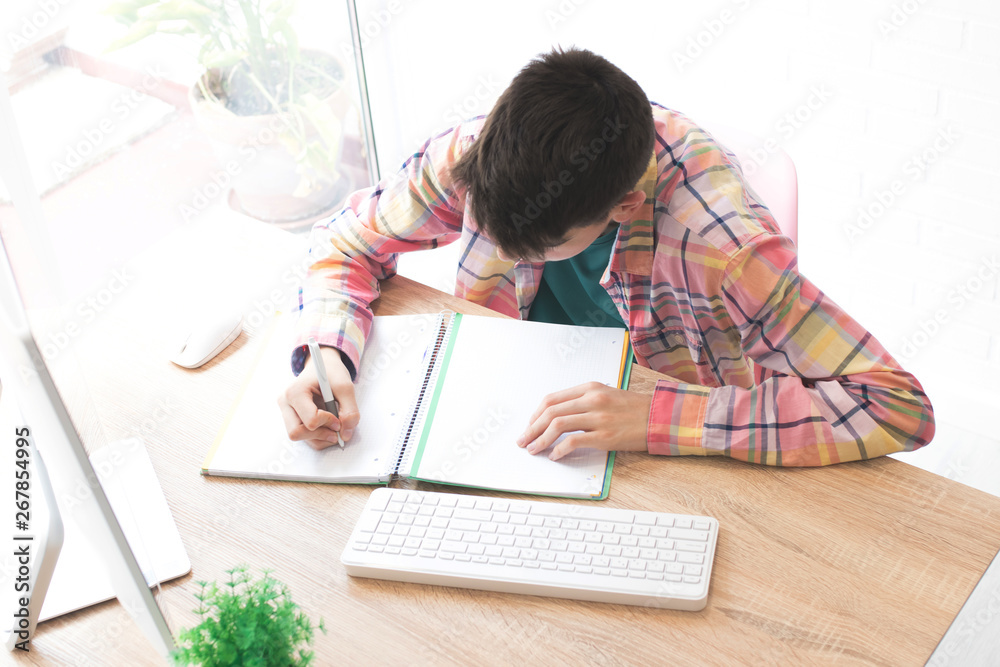 young student with computer on home desk or school young student with computer on home desk or school