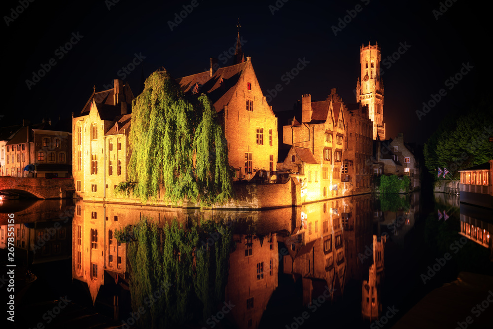 Medieval City Centre, UNESCO World Heritage Site, framed by Rozenhoedkaai canal at night, Bruges, West Flanders, Belgium, Europe