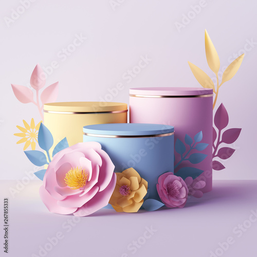 3d render, botanical background, cylinder pedestals decorated with pink yellow paper flowers, blank cosmetics store showcase stand, fashion background, pastel colors, presentation template, mockup