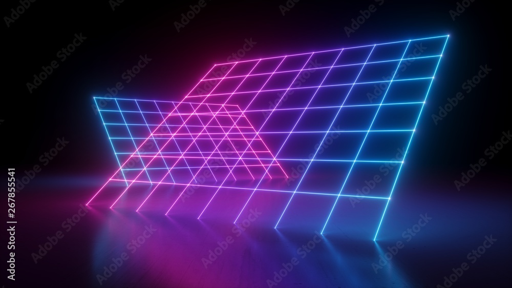 Obraz premium 3d render, abstract neon background, pink blue grid in ultraviolet spectrum, laser show glowing lines
