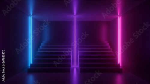 3d render, abstract neon background, pink blue glowing light, staircase in dark room