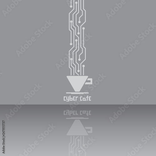 Coffee cup with micro schemes tea steam logotype sign on gray mirrored background photo