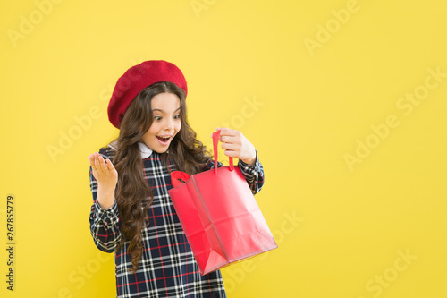 Black friday. Sale discount. Shopping day. Little french lady adore shopping. Birthday girl. Favorite brands hottest trends. Girl with shopping bag. Explore fashion industry. Shopping and purchase