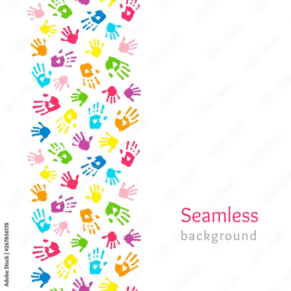 Colored hands on white. Seamless vertical border made of handprints. Endless colorful background. Vector illustration