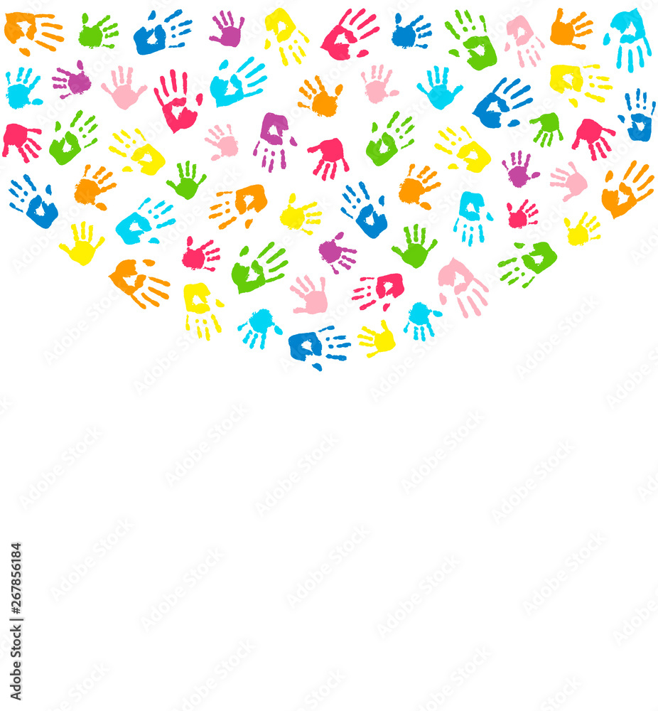 Colored hands on white. Horizontal curved border made of handprints. Colorful background. Vector illustration