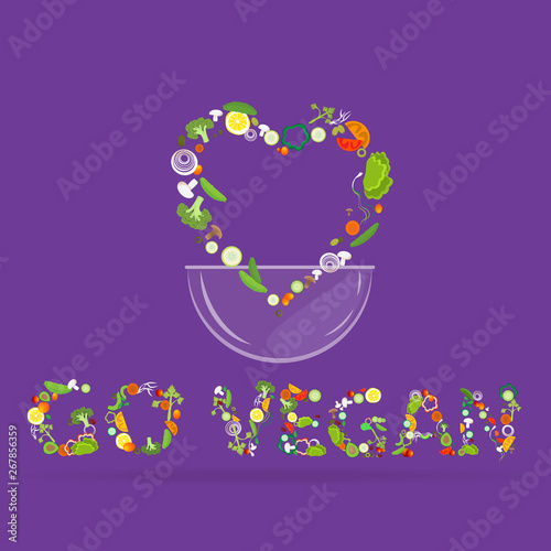 Heart of vegetable pattern with an inscription go vegan, for web and print decoration, vector illustration on purple background