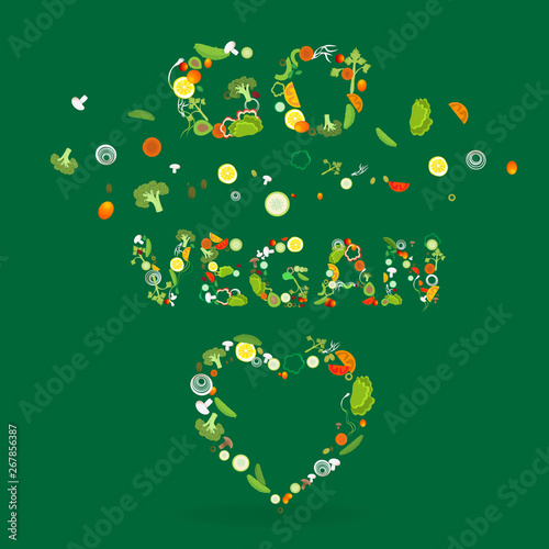 Heart of vegetable pattern with an inscription go vegan