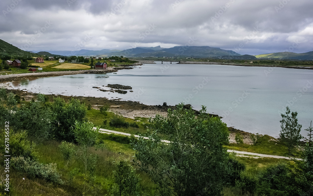 Obraz premium A village on the rocky shore of the fjord in Norway with traditional red houses.