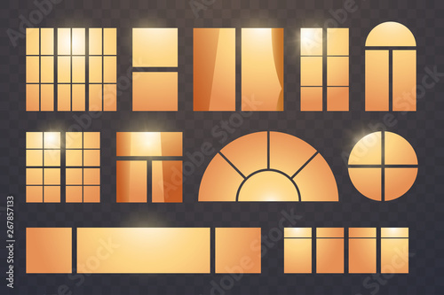 Glowing windows in different shapes for residential building or skyscraper. Set of windows at night isolated on transparent background. Element for your design. Vector illustration.
