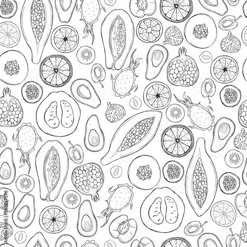 Hand drawn fruits on white background. Vector seamless pattern.