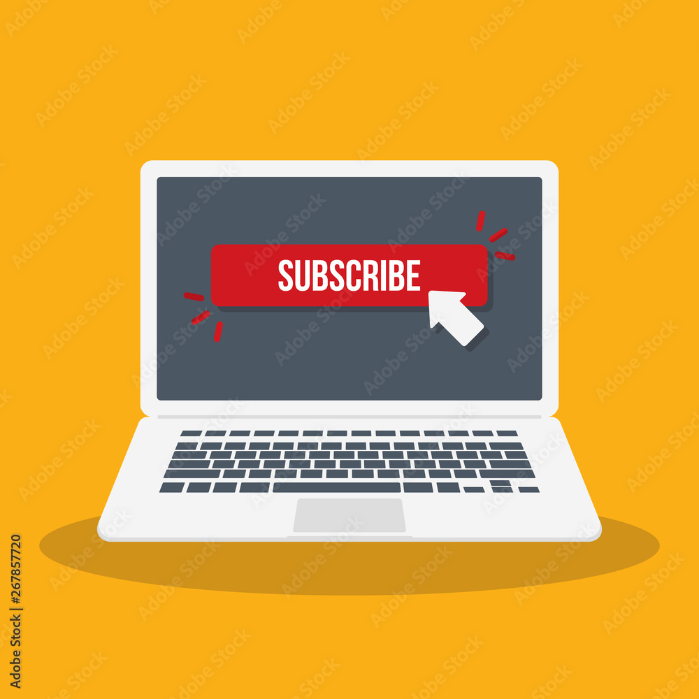 Laptop computer with subscribe button vector flat illustration Laptop computer with subscribe button vector flat illustration