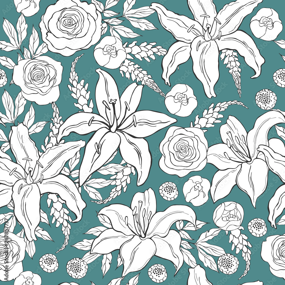 Floral background. Seamless vector pattern with hand drawn flowers and leaves