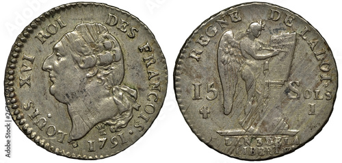 Fotografi France French silver coin 15 sols 1791, head of King Lois XVI left, winged figur